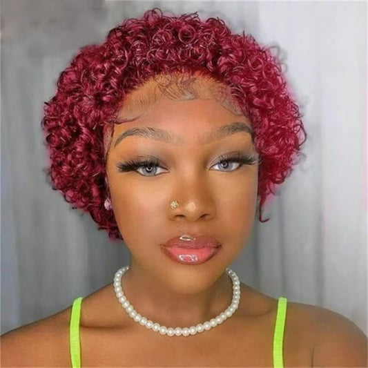 Curly Lace Wig in Burgundy 99J Pixie Style