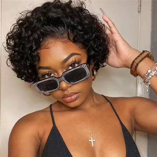 Short curly human hair lace front wig
