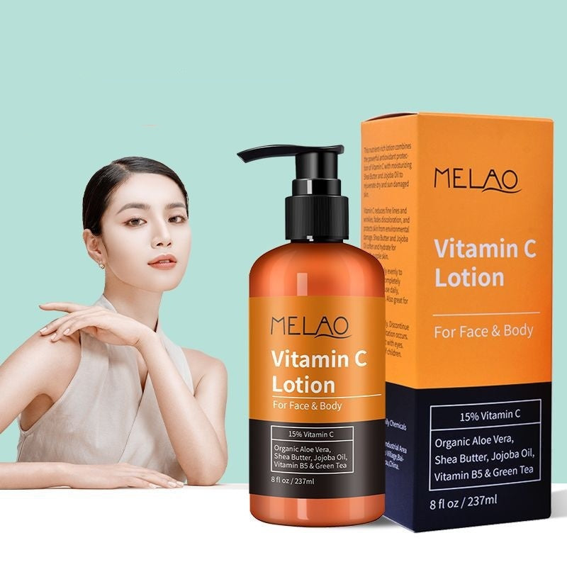 Hydrating VC body lotion bottle on marble background
