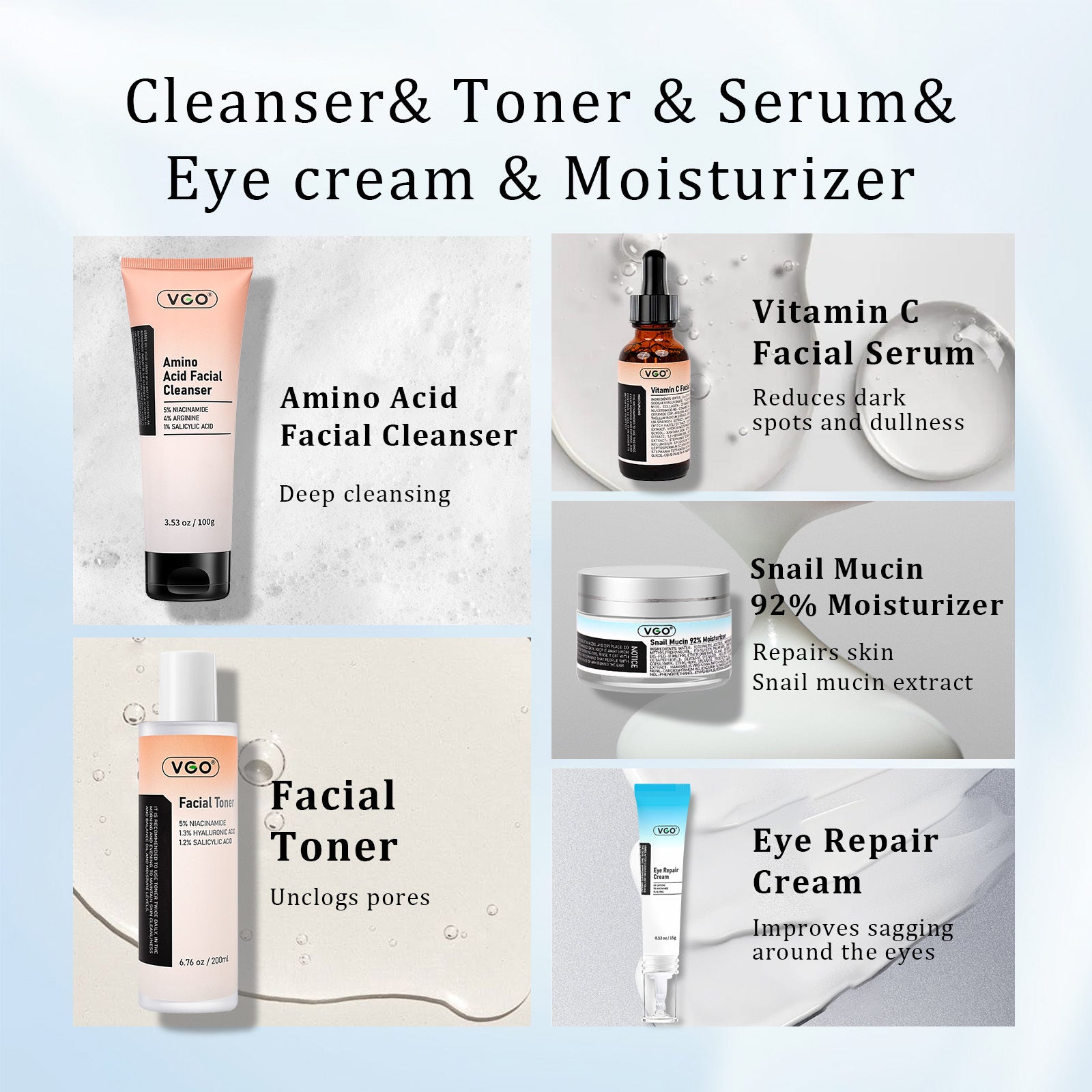 5-step skincare products on white background